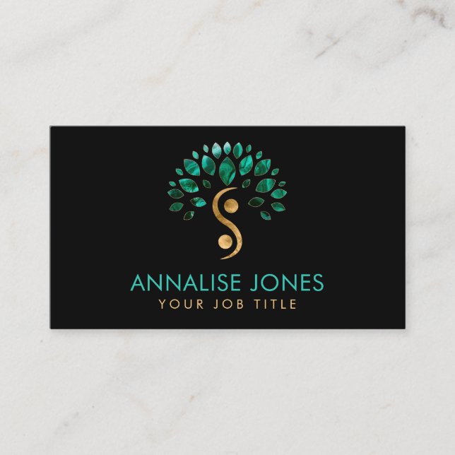 Yin Yang tree of life - Malachite Leaves Business Card (Front)