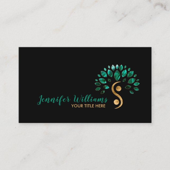 Yin Yang Tree of Life - Malachite Leaves Business Card (Front)