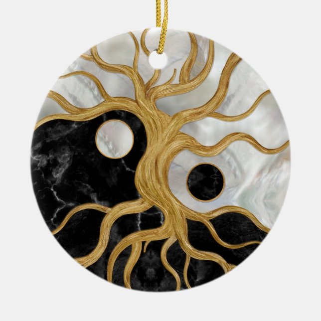 Yin Yang Tree of life - Marbles and Gold Ceramic Ornament (Front)