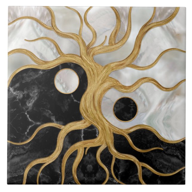 Yin Yang Tree of life - Marbles and Gold Ceramic Tile (Front)