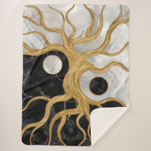 Yin Yang Tree of life - Marbles and Gold Sherpa Blanket