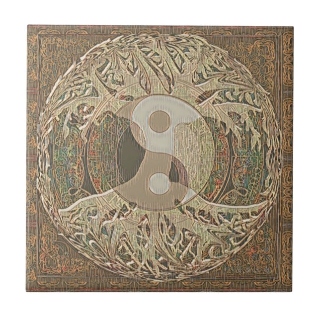 Yin Yang Tree of Life Tan and Brown Ceramic Tile (Front)
