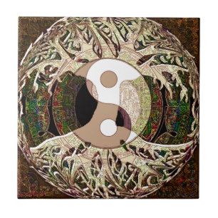 Yin Yang Tree of Life Tan Ceramic Tile