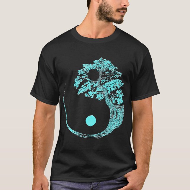 Yin Yang Turquoise Blue Bonsai Tree Japanese Zen T-Shirt (Front)