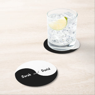 Yin Yang Wedding Simple Black White Bride & Groom Round Paper Coaster