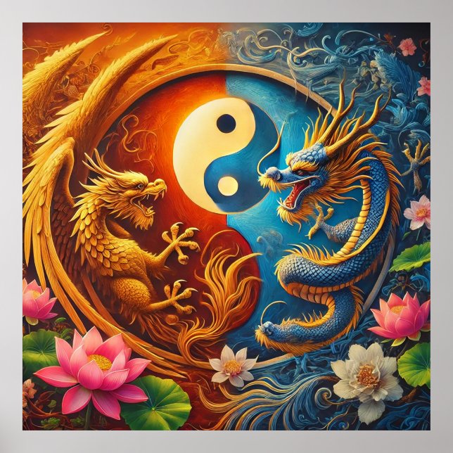 Yin Yang with Dragon and Phoenix Amid Lush Floral Poster (Front)