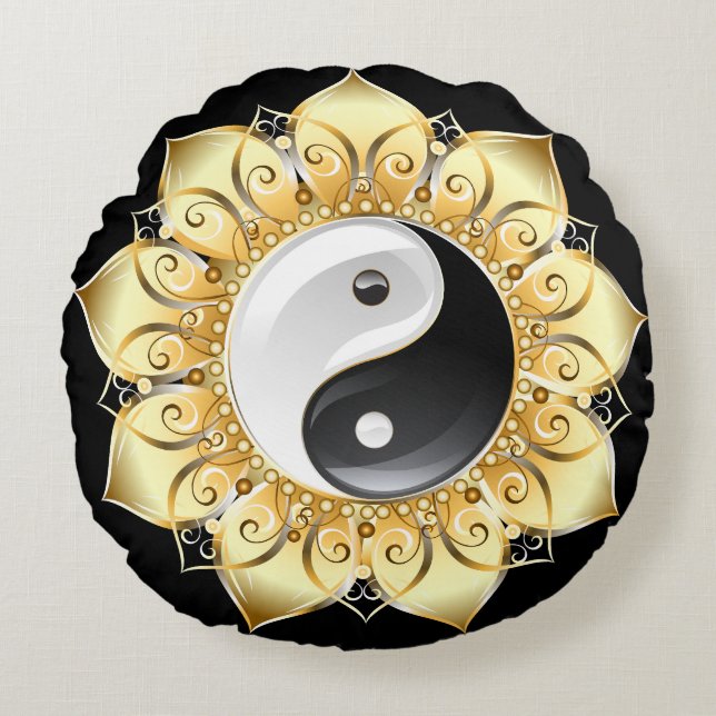 Yin Yang with gold lotus petals  Round Cushion (Front)