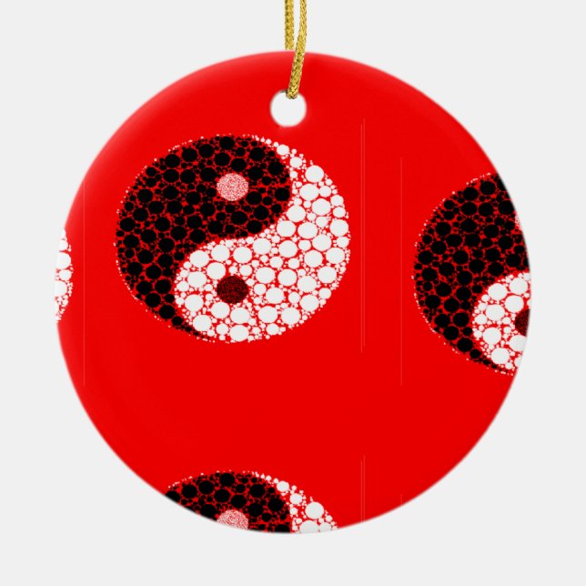 Ying yang circles on red ceramic ornament (Front)