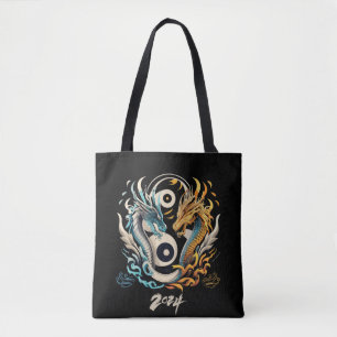 Ying yang dragon heads 2024 tote bag