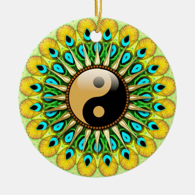 YinYang Peacock Sun Circle Ceramic Ornament (Front)