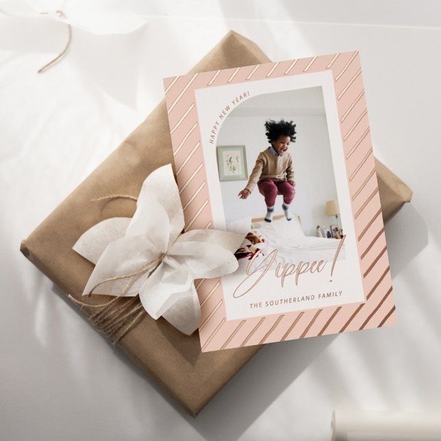 Yippee! Happy New Year Fun Modern Stripes Photo Foil Holiday Card (Creator Uploaded)