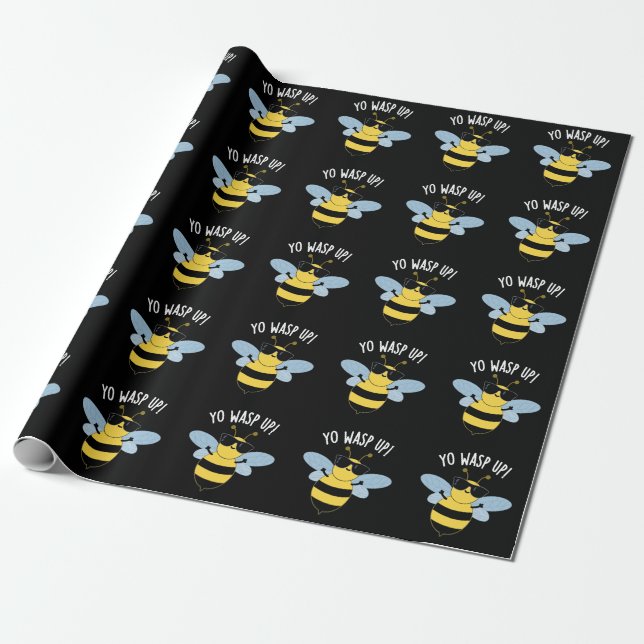 Yo Wasp Up Funny Bug Pun Dark BG Wrapping Paper (Unrolled)
