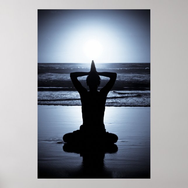 Yoga at night on the beach with full moon reflecti poster (Front)