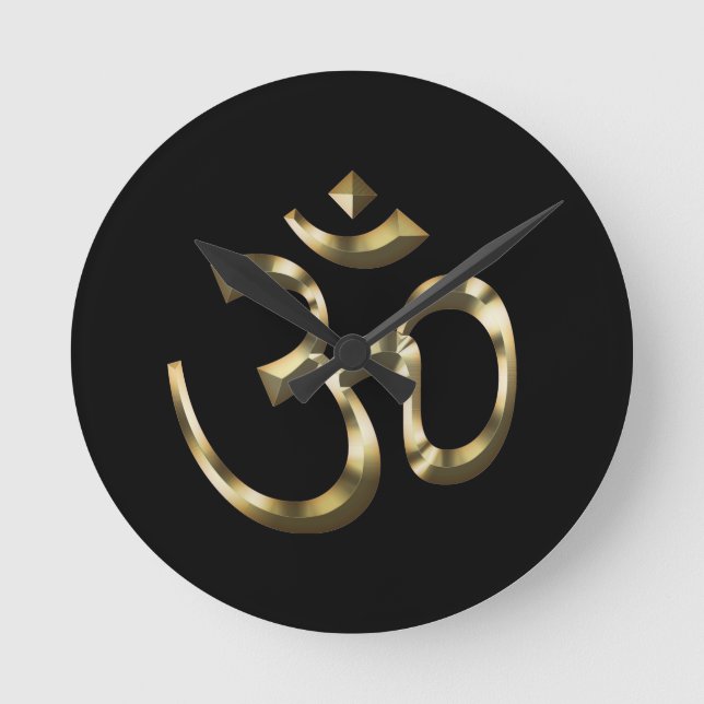 Yoga black gold metallic Om Hindu Buddhist Symbol Round Clock (Front)
