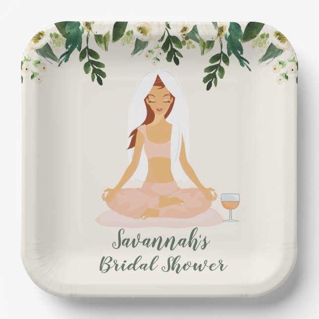 Yoga Bride Mimosa Bridal Shower Brown Hair Paper Plate (Front)