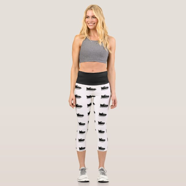 Yoga Capri Black & White w/Shoe Doodle Leggings (Front)