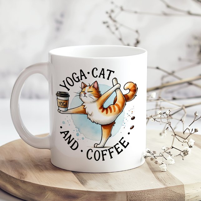 "Yoga Cat and Coffee" Funny  Cat Lover's Coffee Mug ("Yoga Cat and Coffee" Funny Cat Lover's Coffee Mug on a boho kitchen table with tiny flowers)