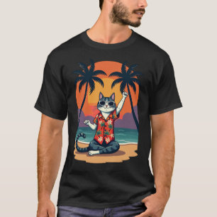 Yoga Cat Sunset Beach Retro Art T-Shirt