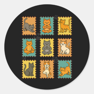 Yoga Cats Postage Stamp Practicing Mindfulness Med Classic Round Sticker