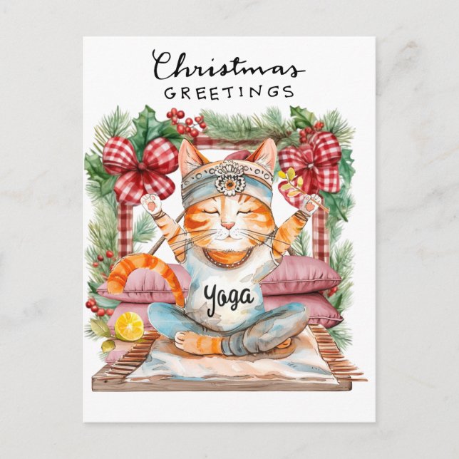 Yoga Christmas Santa Cat Posing Party  Holiday Postcard (Front)