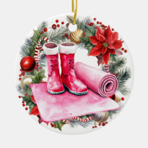Yoga Christmas Santa Claus Shoes on yoga mat Ceramic Ornament