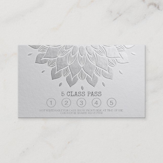Yoga Class Pass White Silver Emboss Mandala Floral Loyalty Card (Front)