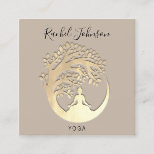 Yoga Classes School Logo Instructor Beige Gold  Square Business Card