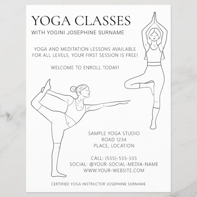 Yoga Classes Simple Black Line Art Minimal Modern Flyer (Front)