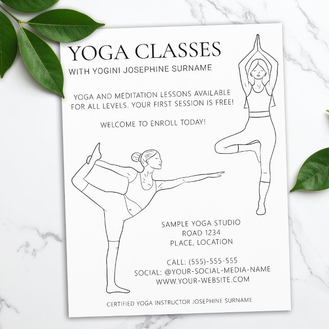Yoga Classes Simple Black Line Art Minimal Modern Flyer (Creator Uploaded)