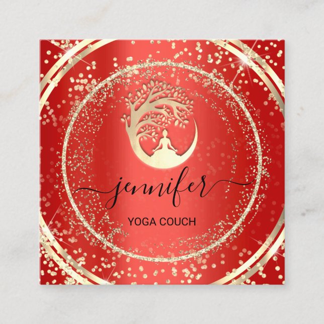 Yoga Couch Therapist Logo QR Code Gold Glitter Red Square Business Card (Front)
