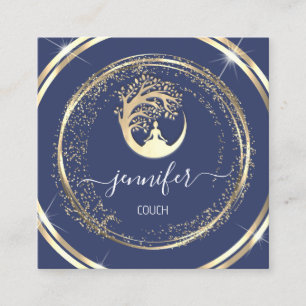 Yoga Couch Therapist Mindfulness QR Gold Blue Navy Square Business Card