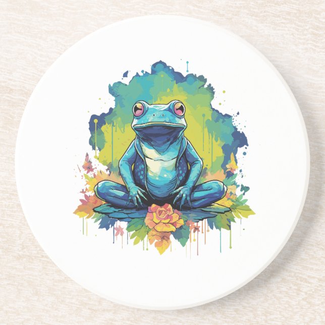 Yoga Frog Watercolor Style Coaster (Front)