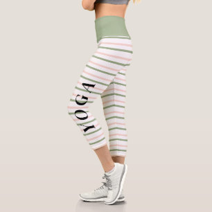 Yoga Geometric Pink and Green Stripes Capri Leggings