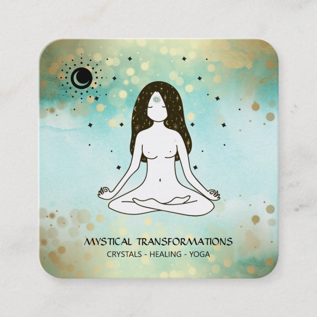 *~* Yoga Goddess Celestial  Moon Magic Teal  Boho Square Business Card (Front)