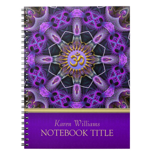 Yoga Golden Om Purple Fractal Mandala Notebook (Front)