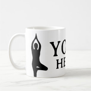 Yoga Heals coffee mug with tree pose silhouette