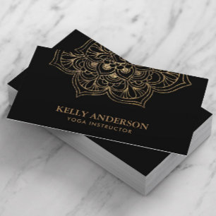 Yoga Instructor Black & Gold Lotus Mandala Business Card