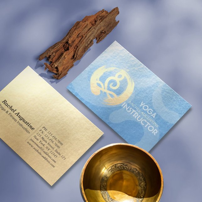 Yoga Instructor Blue & Gold Meditation Pose ZEN OM Business Card (Creator Uploaded)