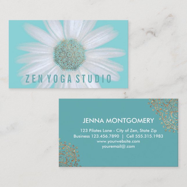 Yoga Instructor Boho | Daisy Gold Mandalas on Aqua Business Card (Front/Back)