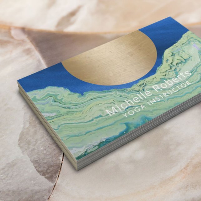 Yoga Instructor Gold Circle Teal Blue Agate Business Card (Creator Uploaded)