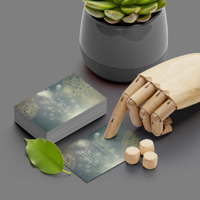 Yoga Instructor Gold Mandala Green Bokeh Lights Business Card (Creator Uploaded)