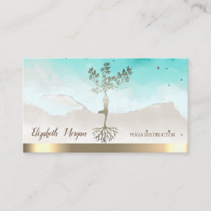 Yoga Instructor Gold Tree Women Silhouette Business Card