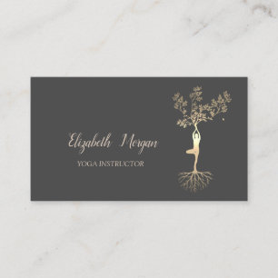 Yoga Instructor, Gold Tree Women Silhouette Business Card
