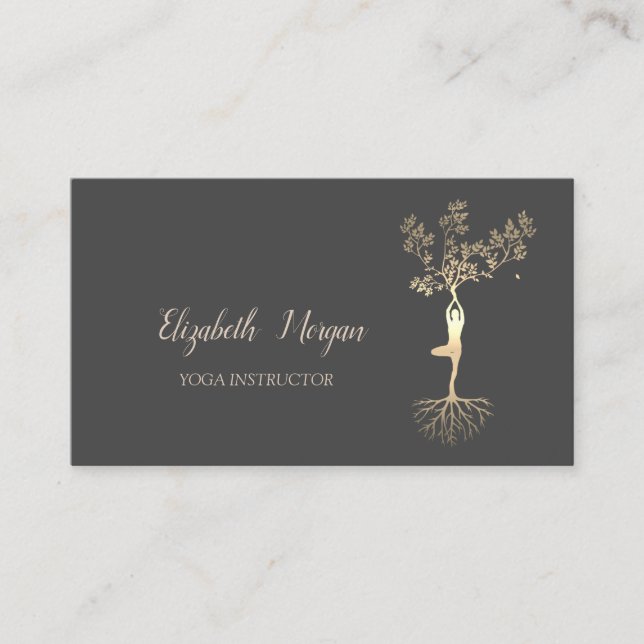 Yoga Instructor, Gold Tree Women Silhouette Business Card (Front)
