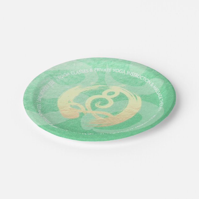 Yoga Instructor Green Gold Meditation Pose ZEN OM Paper Plate (Angled)