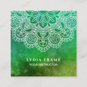 Yoga Instructor Green Watercolor Mandala Square Business Card
