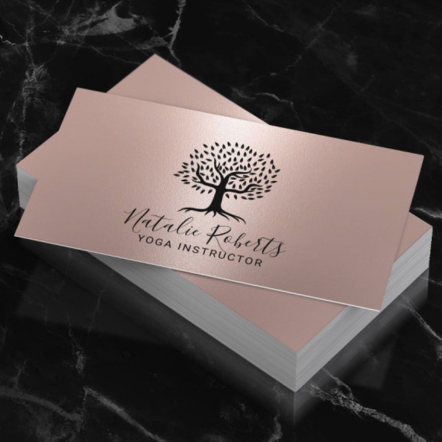 Yoga Instructor Life Coach Tree Logo Rose Gold Business Card (Creator Uploaded)
