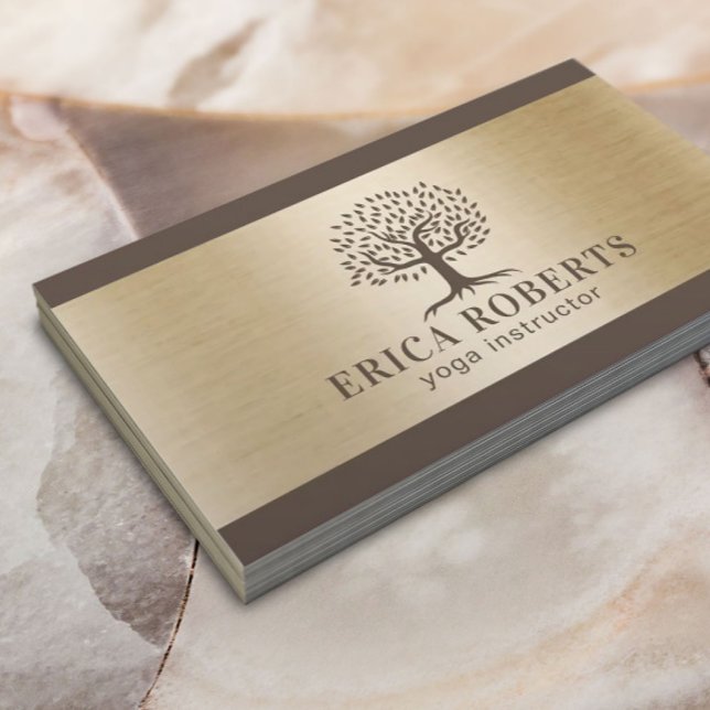 Yoga Instructor Life Tree Elegant Brown & Gold Business Card (Creator Uploaded)