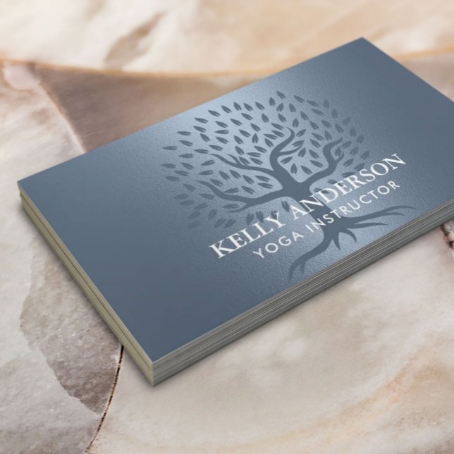 Yoga Instructor Life Tree Elegant Dusty Blue Business Card (Creator Uploaded)
