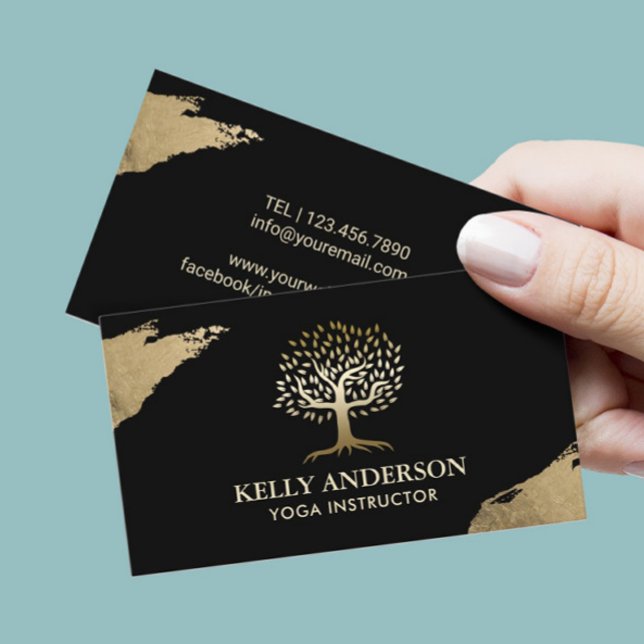 Yoga Instructor Life Tree Modern Gold Stroke Black Business Card (Creator Uploaded)